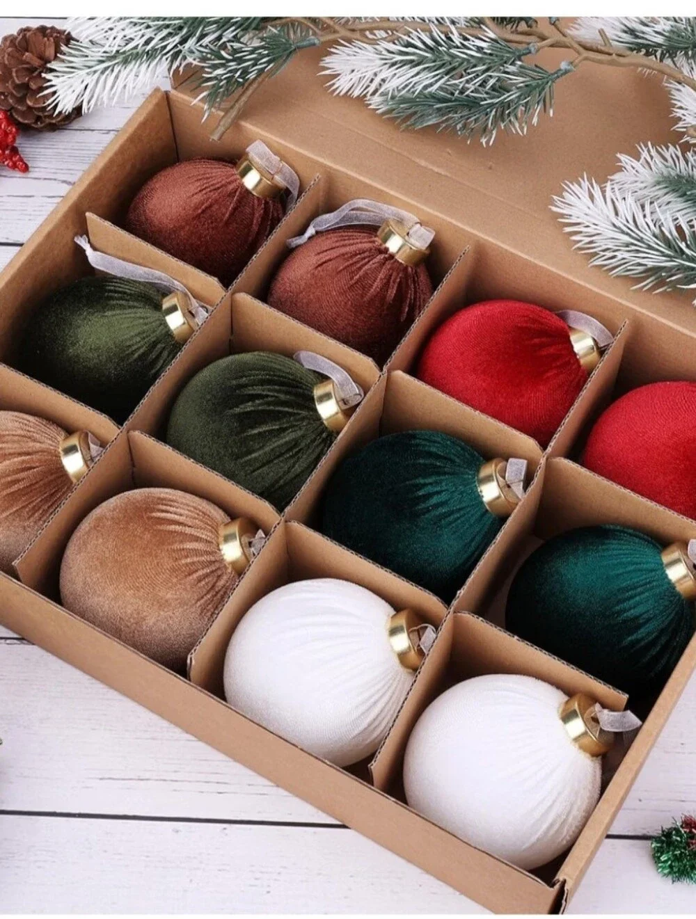 Velvet Christmas Ornament Set: Red, Green, Gold, White, Brown. 24 Piece Set. NWT